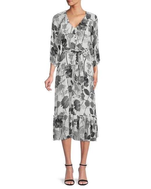 Karl Lagerfeld Synthetic Floral Print Belted Midi Dress in White Black ...