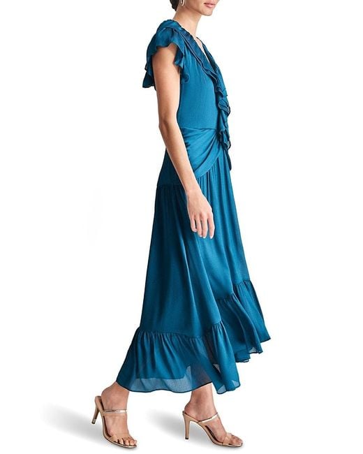 DKNY Blue Sleeveless V-Neck Ruffle Crinkle Fit-And-Flare Midi-Dress