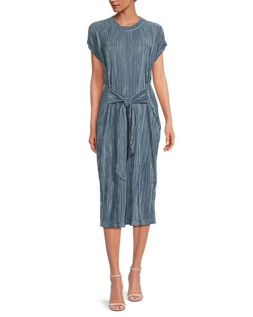 Andrew Marc Blue Pleated Belted Midi Dress