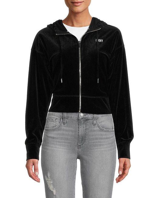 DKNY Synthetic Platinum Velour Zip Front Hoodie in Black | Lyst