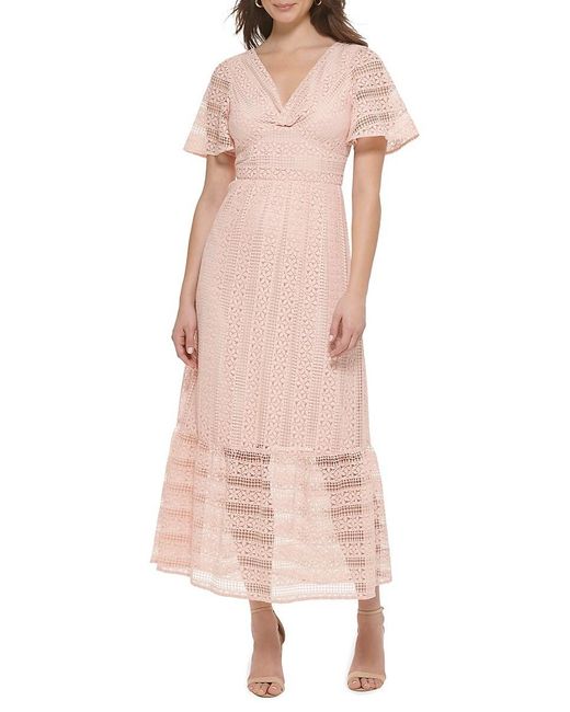 Kensie Pink V Neck Lace Maxi Dress