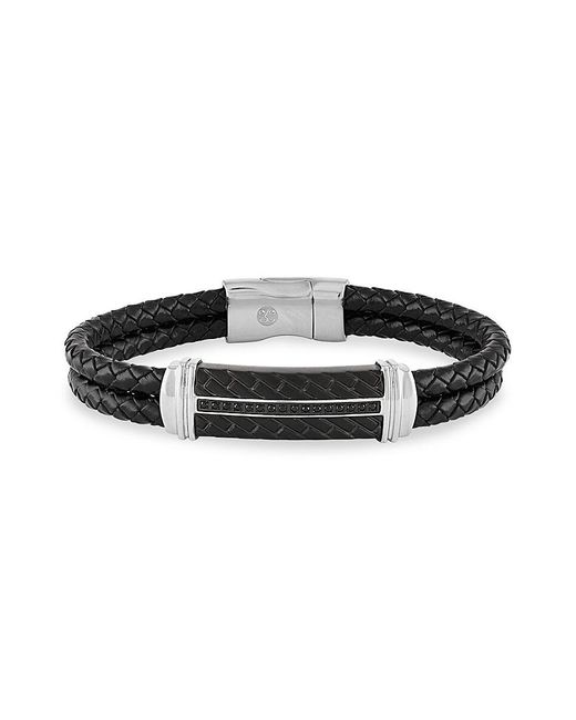 Esquire Black Leather & 0.1 Tcw Diamond Braided Bracelet for men