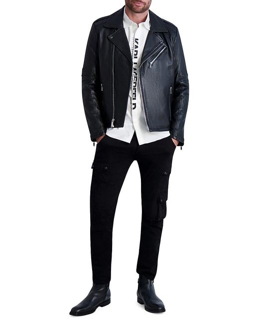 Karl Lagerfeld Black Leather Notch Lapel Moto Jacket for men