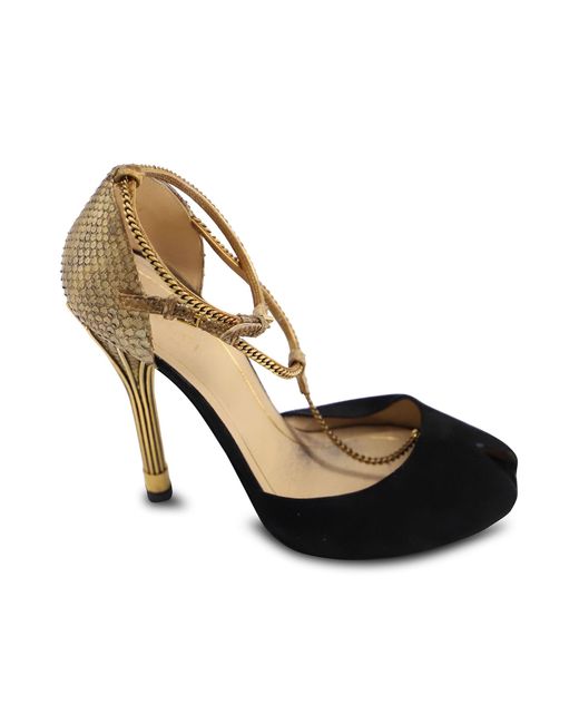 Gucci Metallic Ophelie Chain Detail Ankle Strap Pumps In Black And Gold Leather Heels Pumps