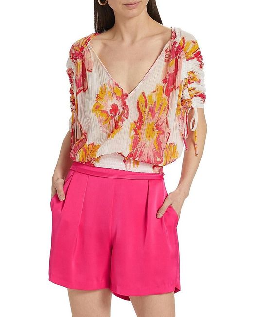 Ramy Brook Pink Frances Floral Plissé Drawstring Top