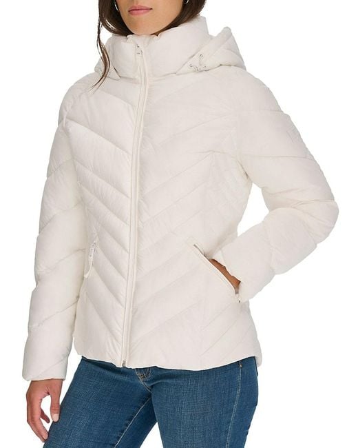 Tommy Hilfiger Natural Chevron-Quilted Hooded Puffer Jacket