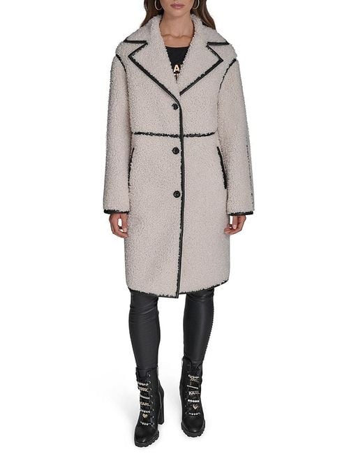 Karl Lagerfeld Gray Long Faux Shearling Coat With Faux Leather Trim