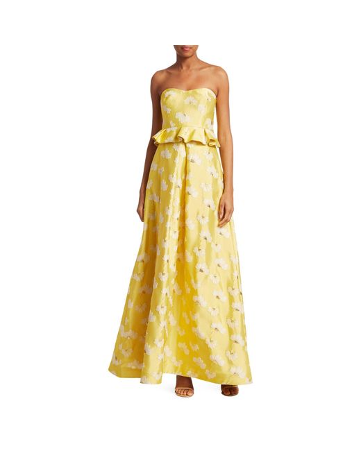 ML Monique Lhuillier Yellow Floral Strapless Peplum Gown