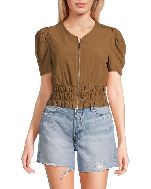 Wdny Blue Shirred Zip Front Crop Top