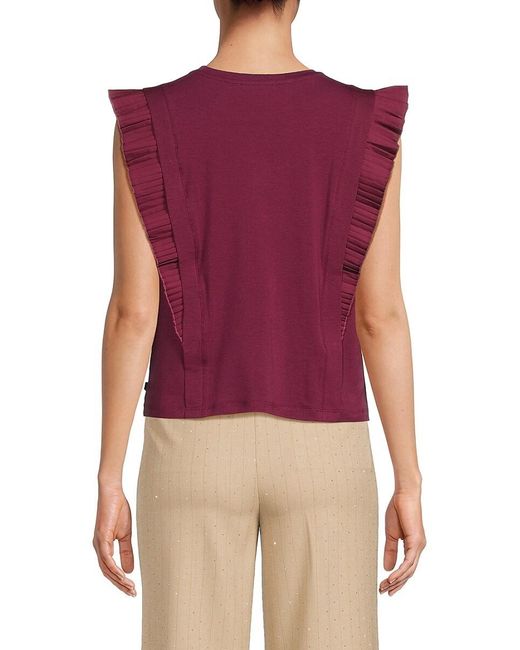 Karl Lagerfeld Red Pleated Flutter-Sleeve Cotton-Blend Top