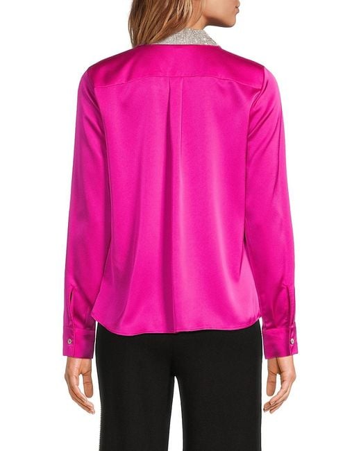 Karl Lagerfeld Gray Crystal-Embellished Collar Satin Shirt