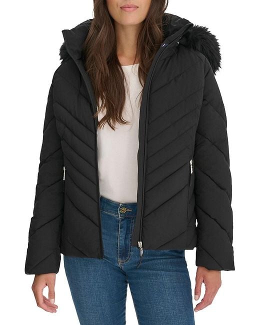 Tommy Hilfiger Women's Black Faux Fur Trim Hooded Puffer Jacket