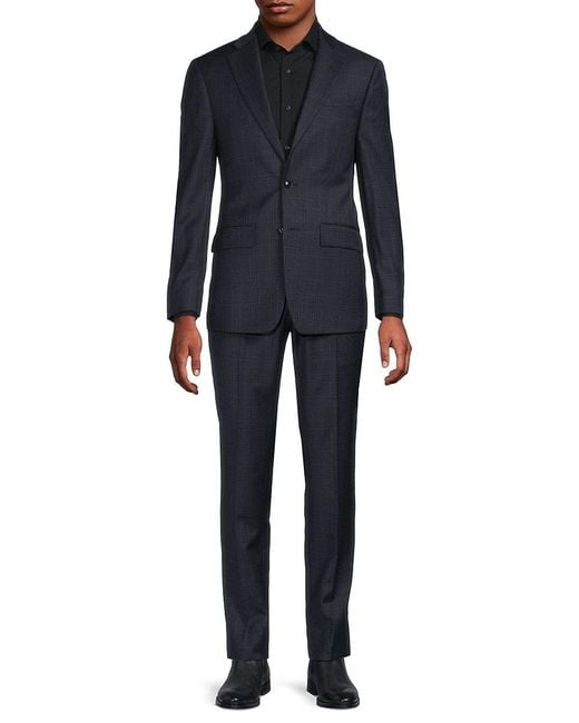Calvin Klein Blue Plaid Wool Blend Slim Fit Suit for men