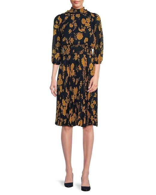 Nanette Lepore Black Pleated Floral Knee Fit & Flare Dress
