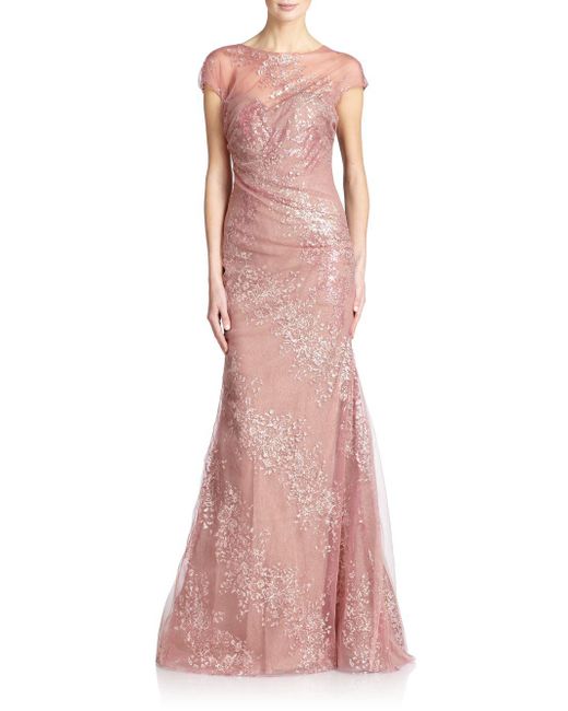 Rene Ruiz Pink Draped Cap-sleeve Tulle Gown
