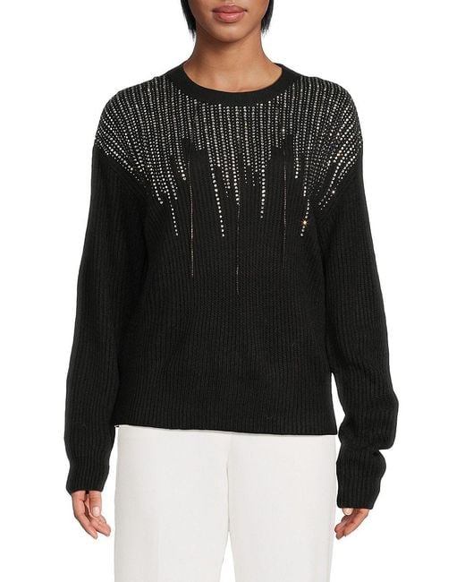 DKNY Black Rhinestone-Embellished Fringe Sweater