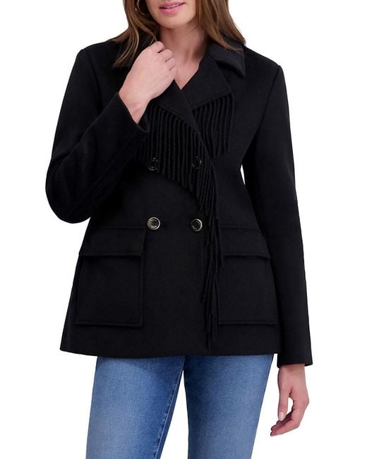 Kensie Black Fringe Wool-Blend Peacoat