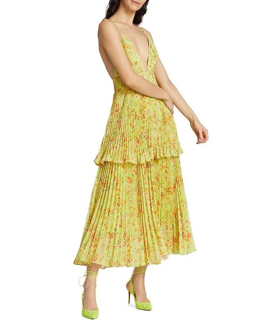 AMUR Yellow Nico Floral Pleated Tiered Midi Dress