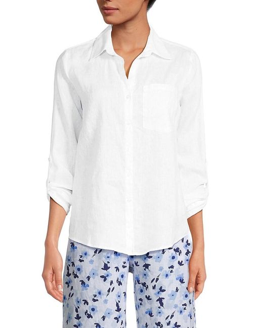 Saks Fifth Avenue White 100% Linen Patch Pocket Shirt