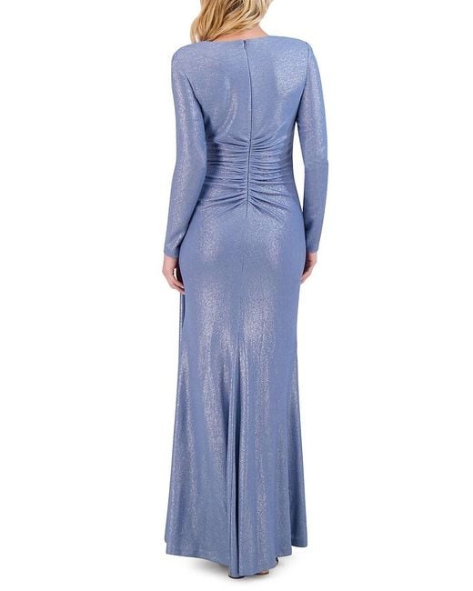 Vince Camuto Blue Metallic Ruched Draped Gown