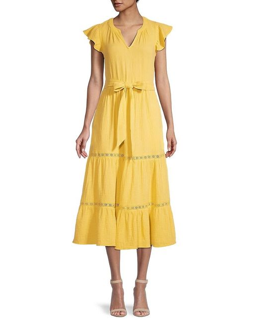 Catherine Malandrino Cotton Flutter-sleeve Tiered Midi Dress | Lyst