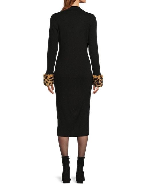 Saks Fifth Avenue Black Ribbed Faux-Fur Trim Midi-Sweater Dress