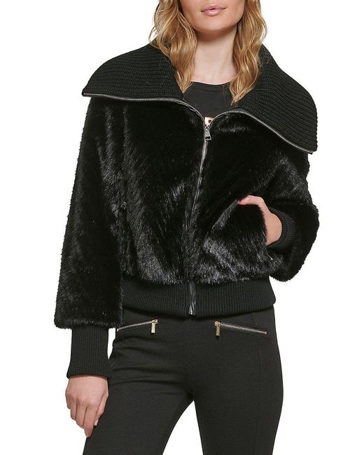 Karl Lagerfeld Funnel Neck Faux Fur Bomber Jacket in Black | Lyst
