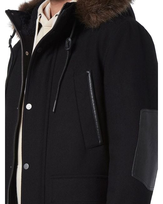 Andrew Marc Black Wool Blend Parka with Faux Fur for men