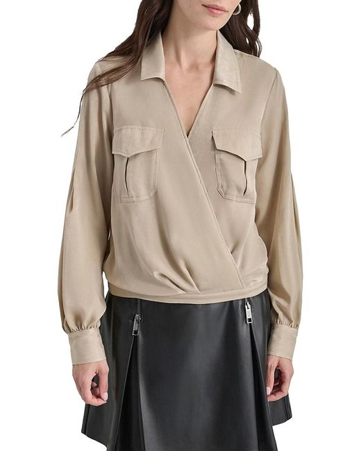 DKNY Natural Long-Sleeve Wrap Shirt With Cargo Pockets
