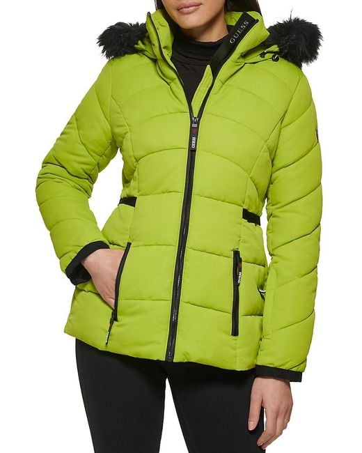 Guess Faux Fur Trim Hooded Puffer Jacket in Green Lyst