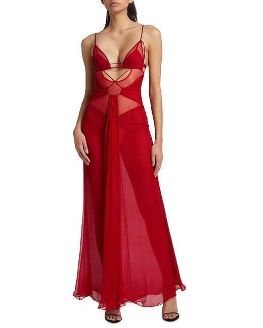 Nensi Dojaka Red Strappy Silk Chiffon Gown