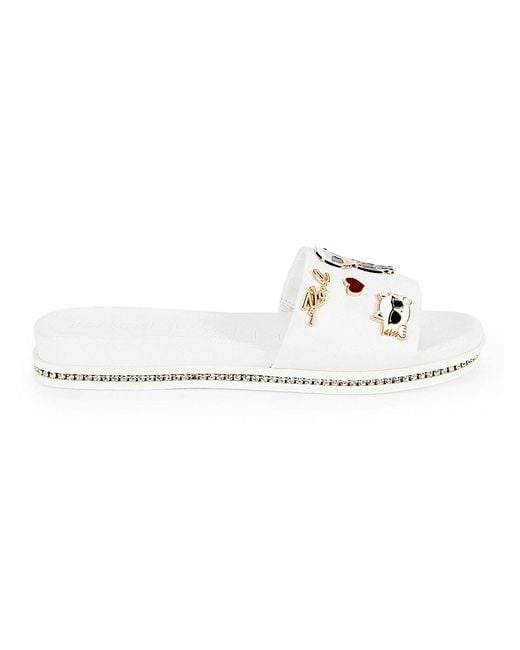 Karl Lagerfeld White Jeslyn Graphic Pin Leather Slides