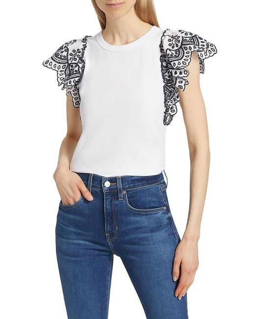 Veronica Beard Blue Julianka Cotton Embroidered Flutter-Sleeve Top