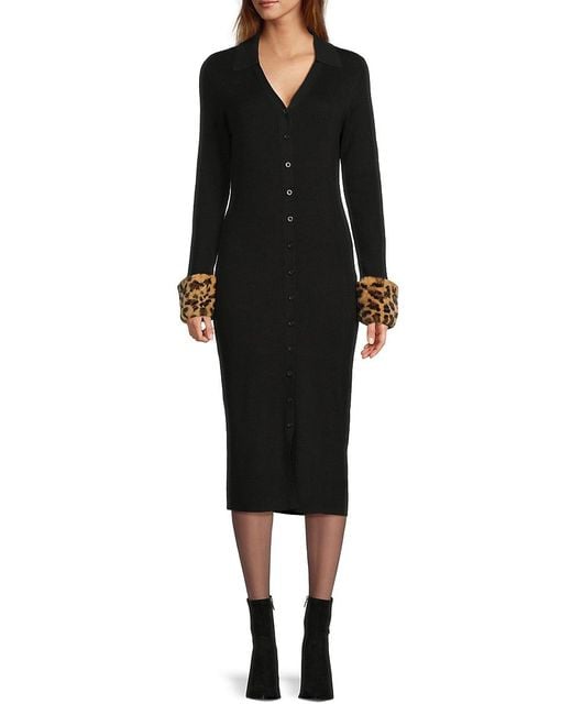 Saks Fifth Avenue Black Ribbed Faux-Fur Trim Midi-Sweater Dress