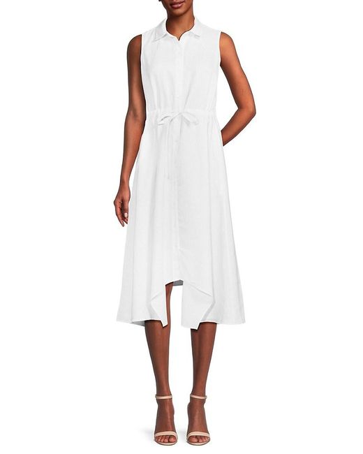Saks Fifth Avenue White 100% Linen Asymmetric Midi Shirtdress