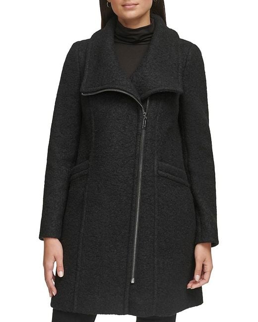 Kenneth Cole Asymmetrical Zip Wool Boucle Coat in Black Lyst UK