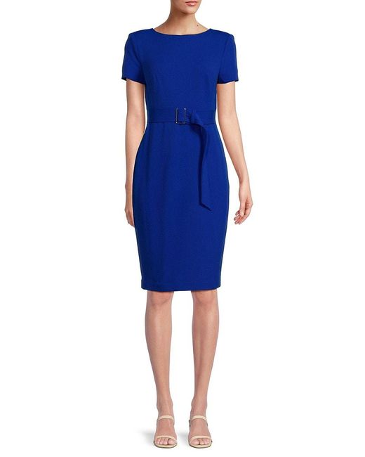 Calvin Klein Blue Solid Belted Sheath Dress