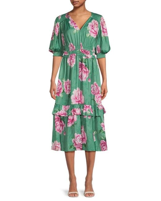 Tahari Green Floral Blouson Sleeve Midi-Dress