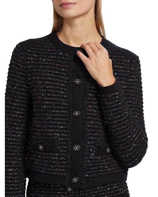 MILLY Black Sequin Textured Button-front Cardigan Jacket