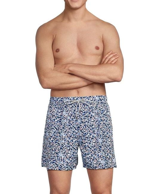 Vintage Summer Blue Floral Print 4-way Stretch Volley Shorts for men