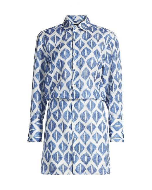 If Only Studio Blue Ikat-Inspired Printed Linen Shirtdress