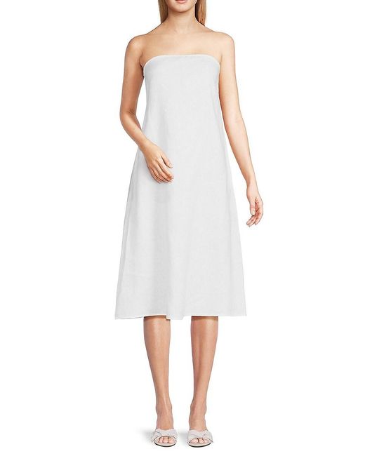 Saks Fifth Avenue White Bandeau Neck 100% Linen Knee Length Dress