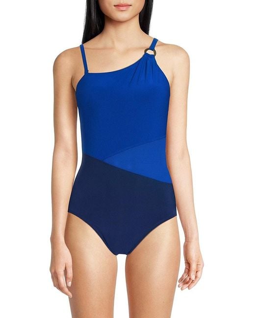 Beyond Control Blue Draped Colorblock One-Shoulder One-Piece Swimsuit