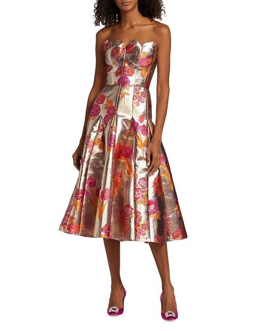 Markarian Red Nicolette Metallic Floral Midi Dress