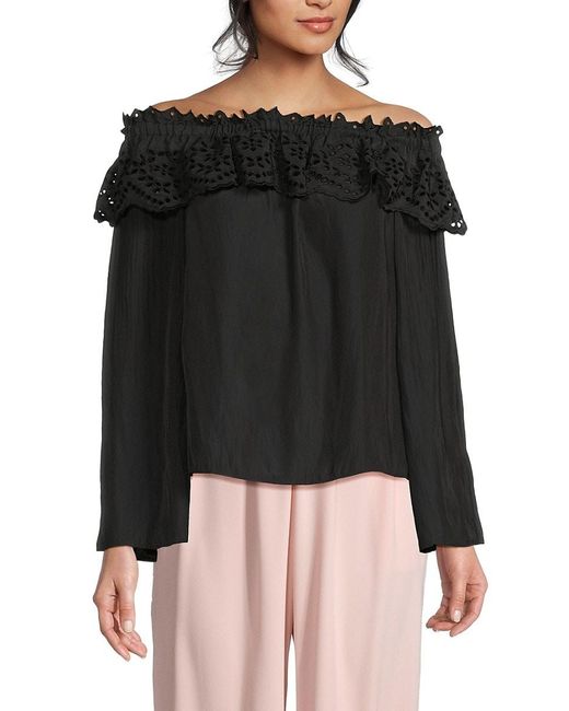Ramy Brook Black Off-The-Shoulder Eyelet Ruffle Top