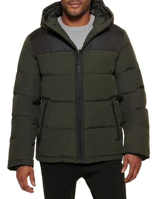 DKNY Green Classic Fit Logo Hooded Puffer Jacket for men