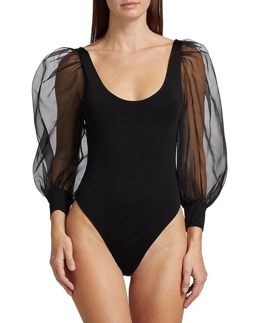 Alice + Olivia White Jillianne Semi-Sheer-Bodysuit