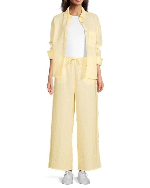 Saks Fifth Avenue Yellow Gingham Check 100% Linen Oversized Shirt