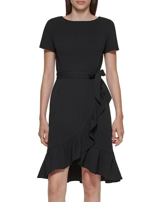 Calvin Klein Black Flounce Hem Belted Dress
