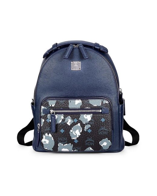 MCM Blue Coated Canvas and Leather Small Studs Stark Backpack MCM